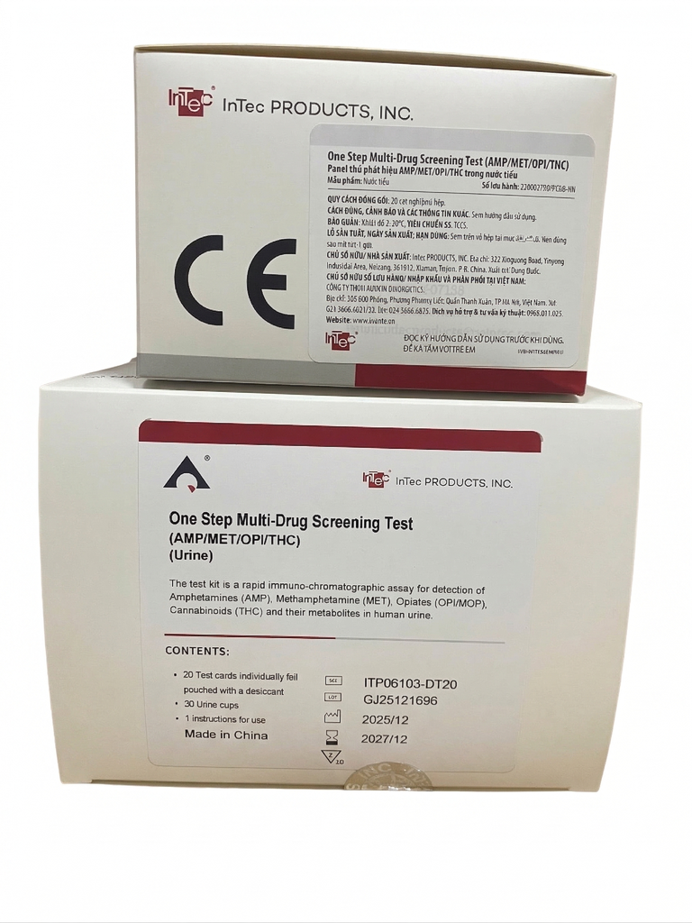 One Step Multi-Drug Screening Test (AMP/MET/OPI/THC). Xét nghiệm đ.tính p.hiện Amphetamine (AMP), Methamphetamine (MET), Opiates (OPI/MOP), Cannabinoids (THC) và các chất c.hóa của chúng trong nước tiểu