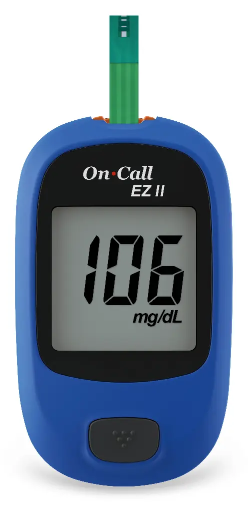 Bộ máy đo đường huyết (Oncall EZII Blood Glucose Meter, mg/dL) kèm que, gồm 01 máy và 01 hộp que Plus 50 test dạng lọ