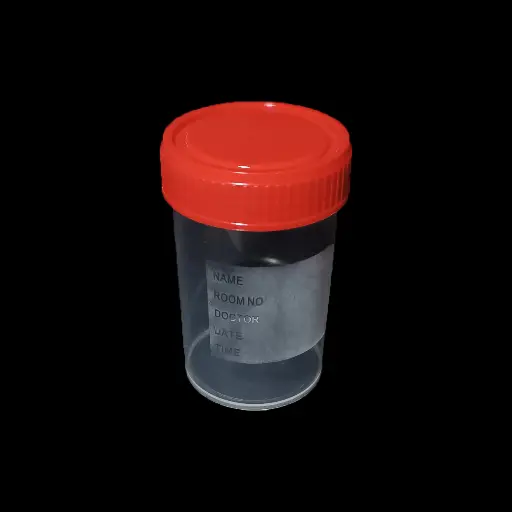 [PFA0010502] Lọ mẫu nước tiểu nhựa PP 60mL, nắp đỏ, có nhãn (Túi 100)
